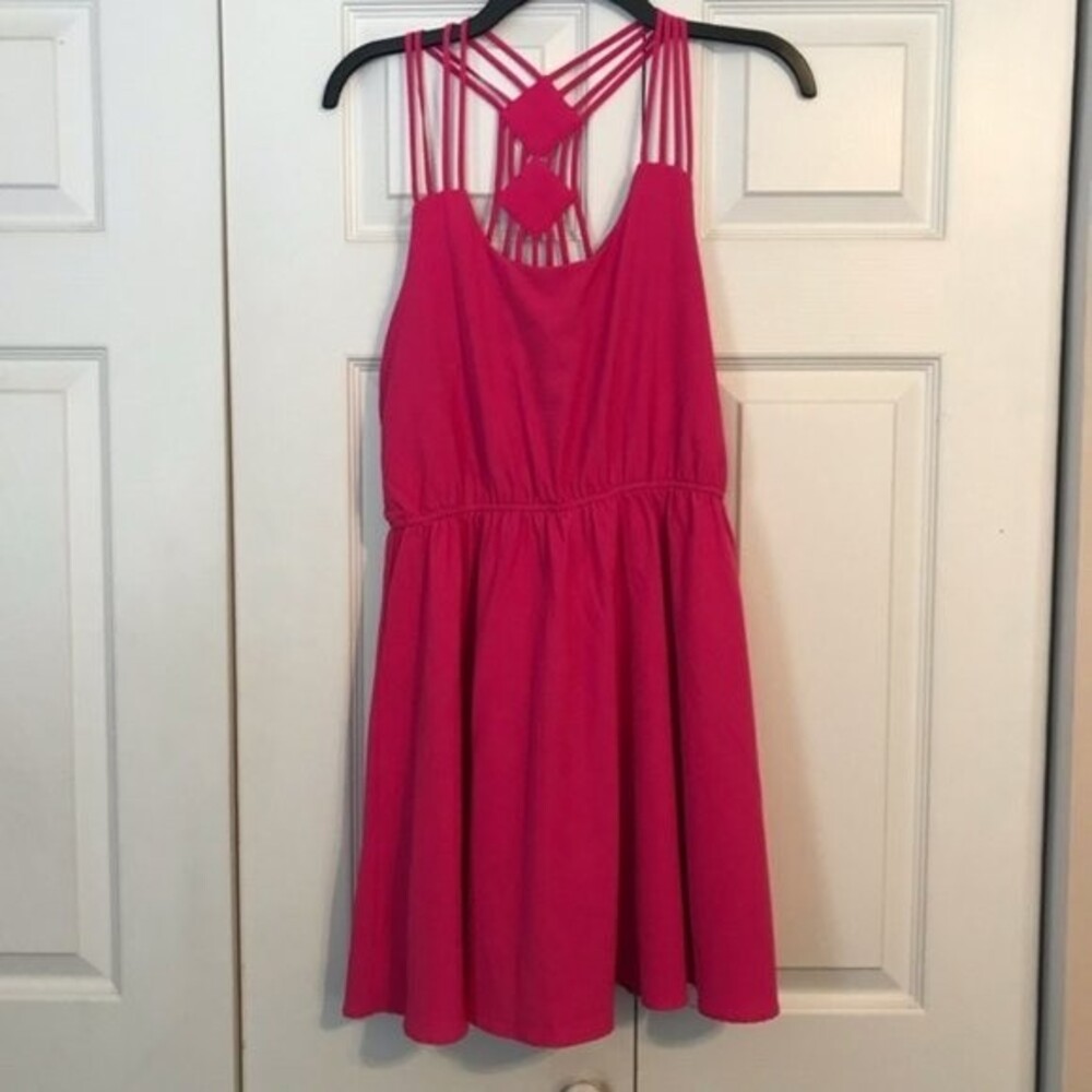 EVERLEIGH Anthropologie Small Pink Strappy Dress Jewel Tone Lined Elastic Waist